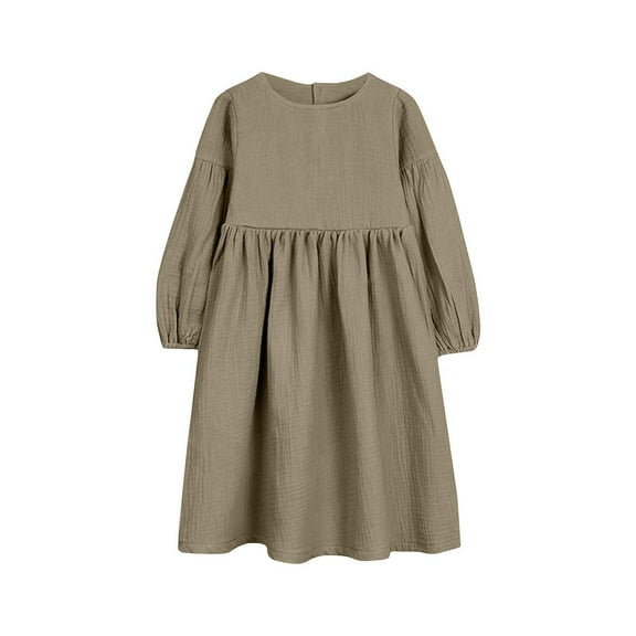 MeetoTime Girls Spring Fall Dress Long Sleeve Round-Neck Solid Color Cotton Linen Dresses 9 Months-7 Years Baby Clothes