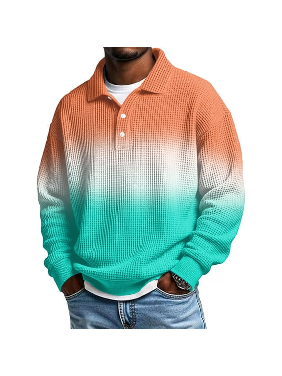 Gradient Color Long Sleeve Shirts for Men Stretchy Breathable Knit Shirt Comfy Button Collared Neck Tops