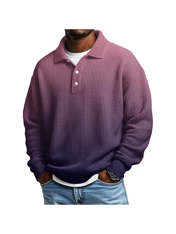Gradient Color Long Sleeve Shirts for Men Stretchy Breathable Knit Shirt Comfy Button Collared Neck Tops