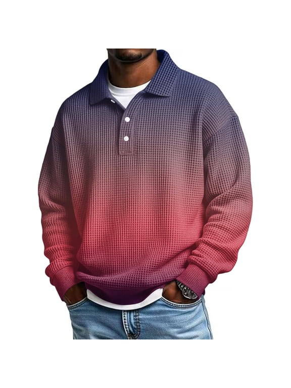 Gradient Color Long Sleeve Shirts for Men Stretchy Breathable Knit Shirt Comfy Button Collared Neck Tops