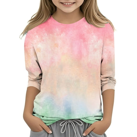MeetoTime Kids 3/4 Sleeve Top Casual Tie-dye Printed Round Neck Pullover Base Shirt for Boys Girls 3-14 Years Children's Clothes