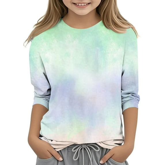 MeetoTime Kids 3/4 Sleeve Top Casual Tie-dye Printed Round Neck Pullover Base Shirt for Boys Girls 3-14 Years Children's Clothes