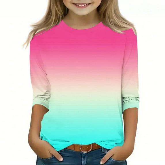 MeetoTime Kids Boys Girls 3/4 Sleeve Round Neck Tops Children's Summer Casual Gradient Color T-shirt Top 3-12 Years