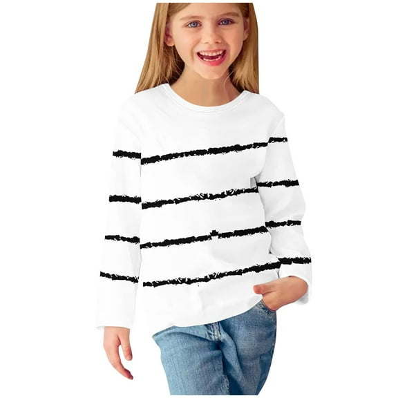 MeetoTime Kids Boys Girls Long Sleeve T-shirt Striped Printed Round Neck Dressy Tunic Tops 3-14Years
