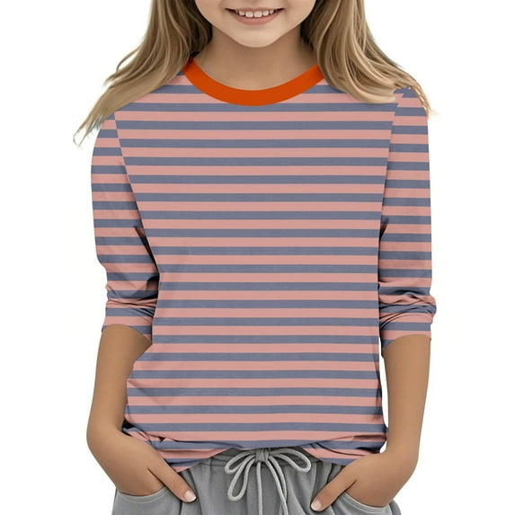 MeetoTime Kids Girls 3/4 Sleeve Top Crewneck Striped Printed Summer Casual T-shirt Children's Clothes 3-12 Years