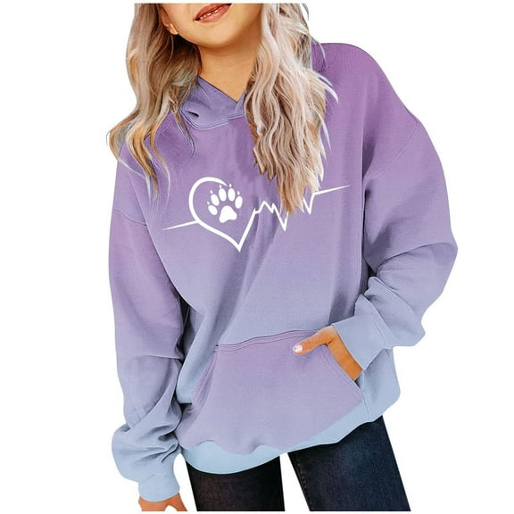 MeetoTime Kids Hooded Sweatshirt Casual Long Sleeved Gradient Heart Printed Top with Pocket for Girls Children's Clothes 2-14 Years