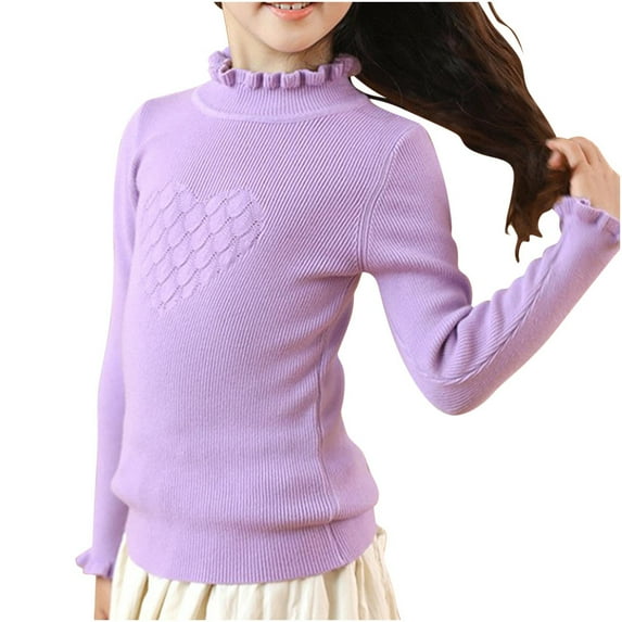MeetoTime Kids Ruffled Half High Neck Knitted Sweater Solid Color Fall Winter Long Sleeved Pullover Tops for Girls