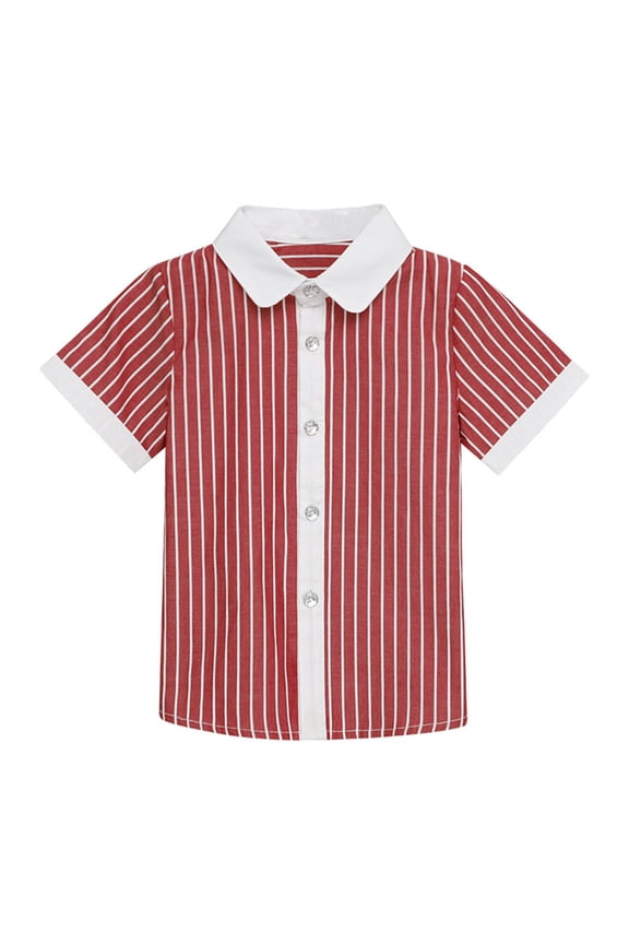 Kids Short Sleeve Lapel Shirt Solid Color Striped Summer Casual Button Top for Baby Boys Girls 3-11 Years