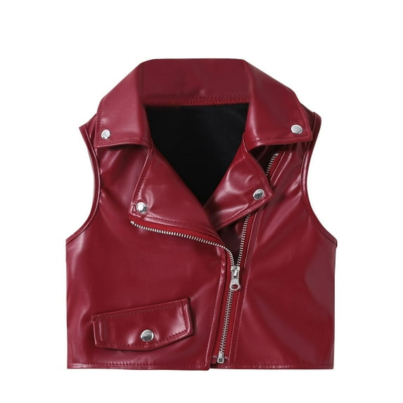 MeetoTime Kids Sleeveless Leather Winter Jacket Outerwear Casual Solid Color Zipper Lapel Coat for Baby Boys Girls 1-10 Years