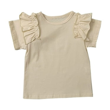 MeetoTime Kids Summer T-shirt Casual Solid Color Ruffle Sleeve Round Neck Top for Baby Girls 2-8 Years