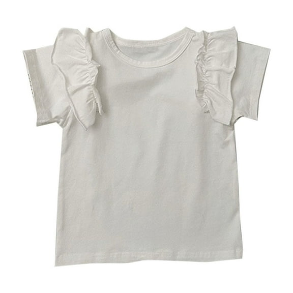MeetoTime Kids Summer T-shirt Casual Solid Color Ruffle Sleeve Round Neck Top for Baby Girls 2-8 Years