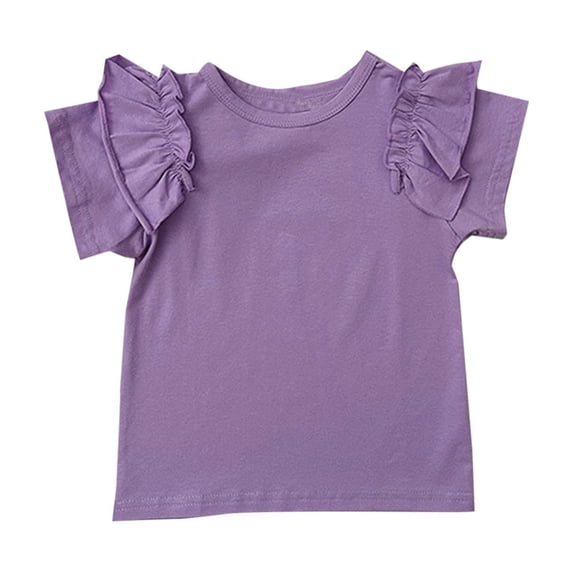 MeetoTime Kids Summer T-shirt Casual Solid Color Ruffle Sleeve Round Neck Top for Baby Girls 2-8 Years