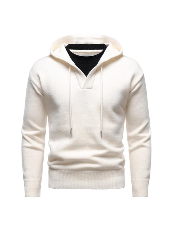 Knit Sweater for Men Fall Winter Warm Casual Solid Color Long Sleeve Base Layer Hooded Sweater