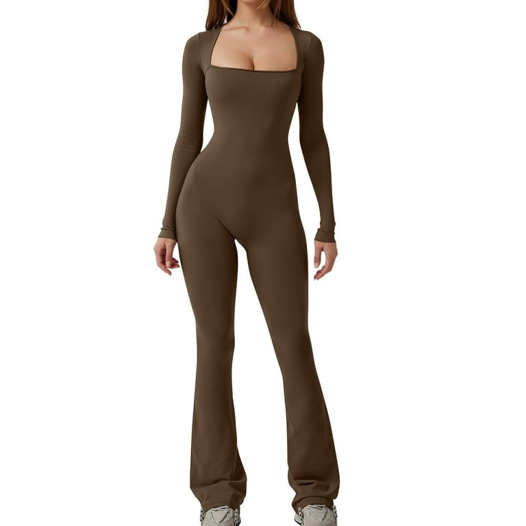 MeetoTime Long Sleeve Jumpsuits for Women Athletic Square Neck