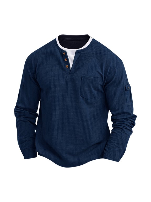 Men Solid Color Fashion Casual False Bilayer Button V-neck Pockets Base Shirt Long Sleeve