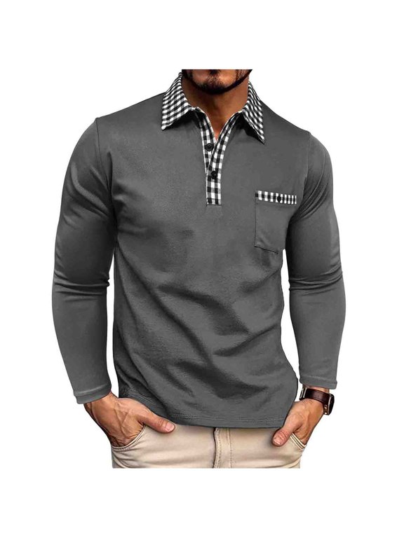 Men's Casual Checkered Print Collared Neck Shirts Button Long Sleeve Basic Workout Pullover Classic Gym Tee