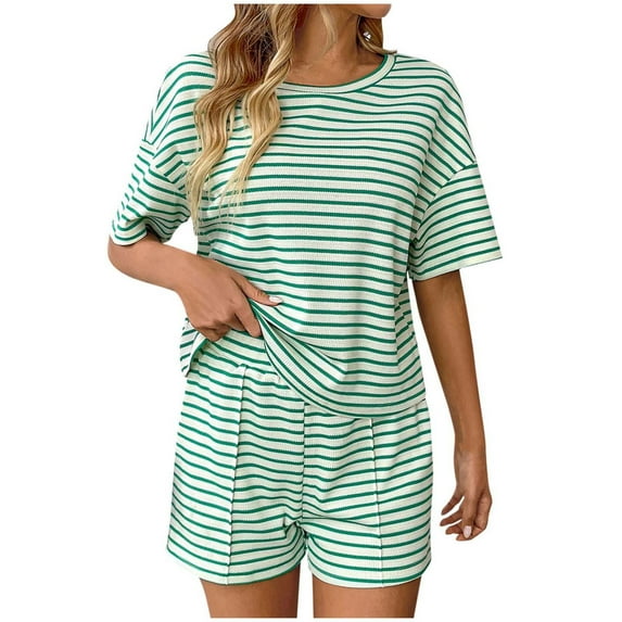 MeetoTime Pajamas for Women Set Summer Cotton Round Neck Striped Short-sleeved T-shirt and Shorts Two-piece Set