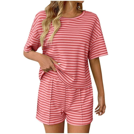 MeetoTime Pajamas for Women Set Summer Cotton Round Neck Striped Short-sleeved T-shirt and Shorts Two-piece Set
