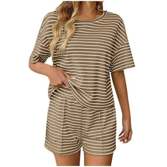 MeetoTime Pajamas for Women Set Summer Cotton Round Neck Striped Short-sleeved T-shirt and Shorts Two-piece Set