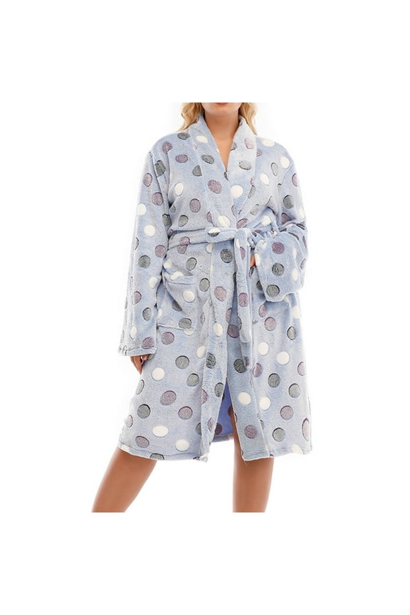 Plus Size Fleece Robe for Women Fall Winter Long Sleeve Mid-Length Bathrobe Comfy Warm Sleepwear X-5X