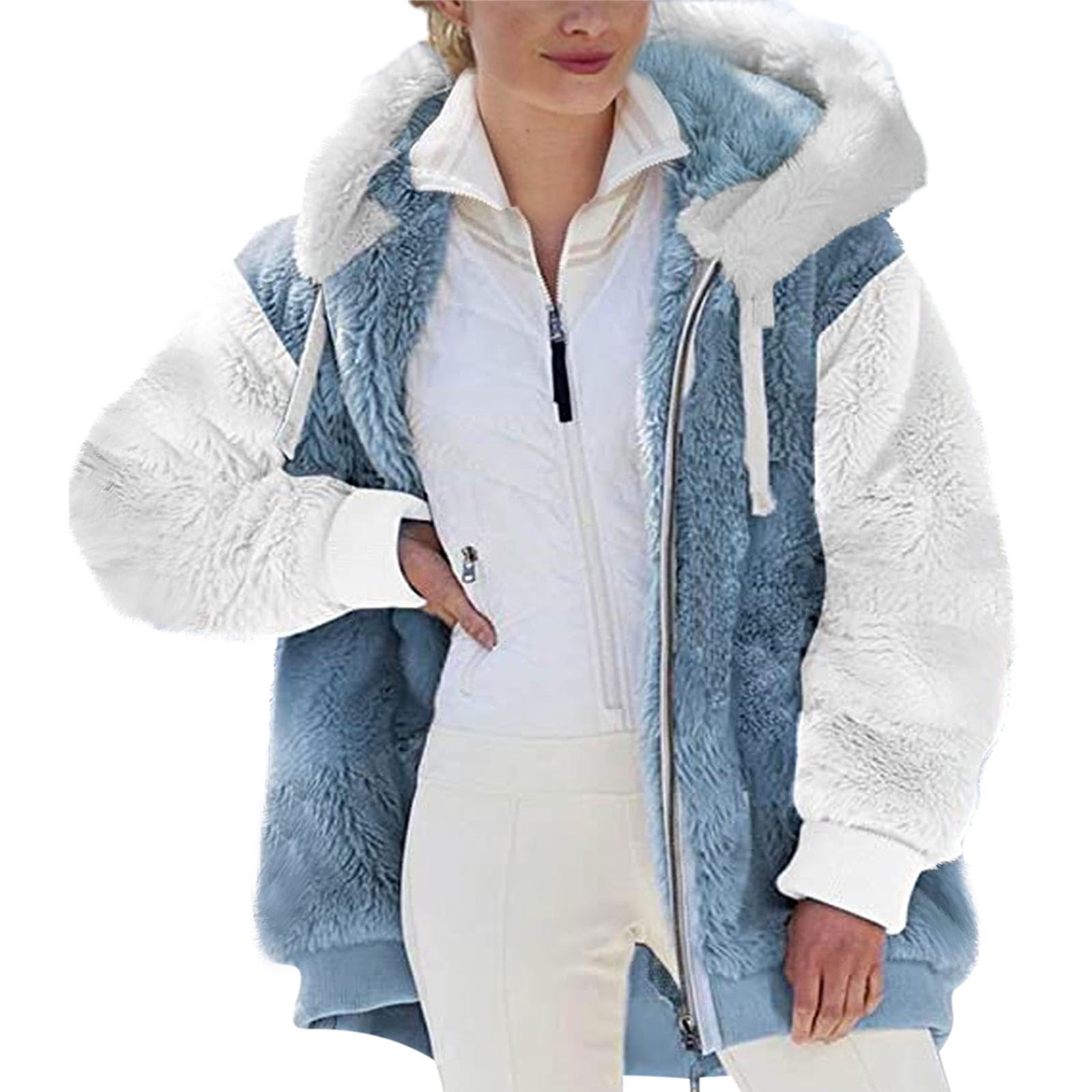 MeetoTime Plus Size Hoodies for Women Fleece Fuzzy Winter Hooded Full Zip Up Color Block Casual Outerwear with Pockets