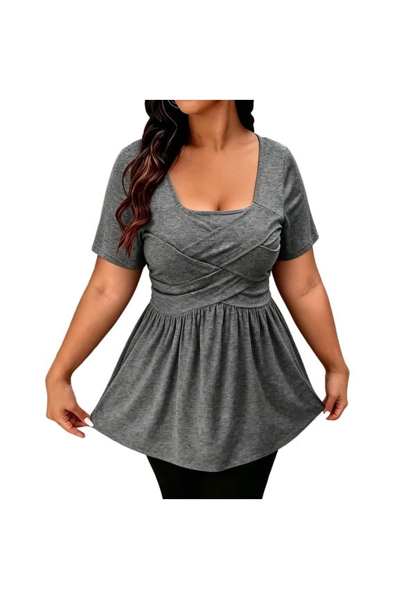 Plus Size Short Sleeve T Shirts for Women Ruffle Square Neck Tees Summer Casual Business Tops