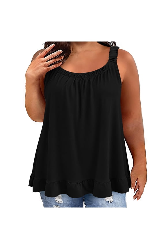Plus Size Sling Tops for Women Summer Crew Neck Sleeveless Solid Color Ruffled Hem Camisoles