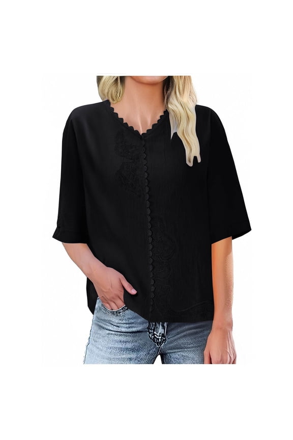 Plus Size Tops for Women Cotton Linen Short Sleeve Ruffled V-Neck T Shirts Solid Color Summer Casual Shirt