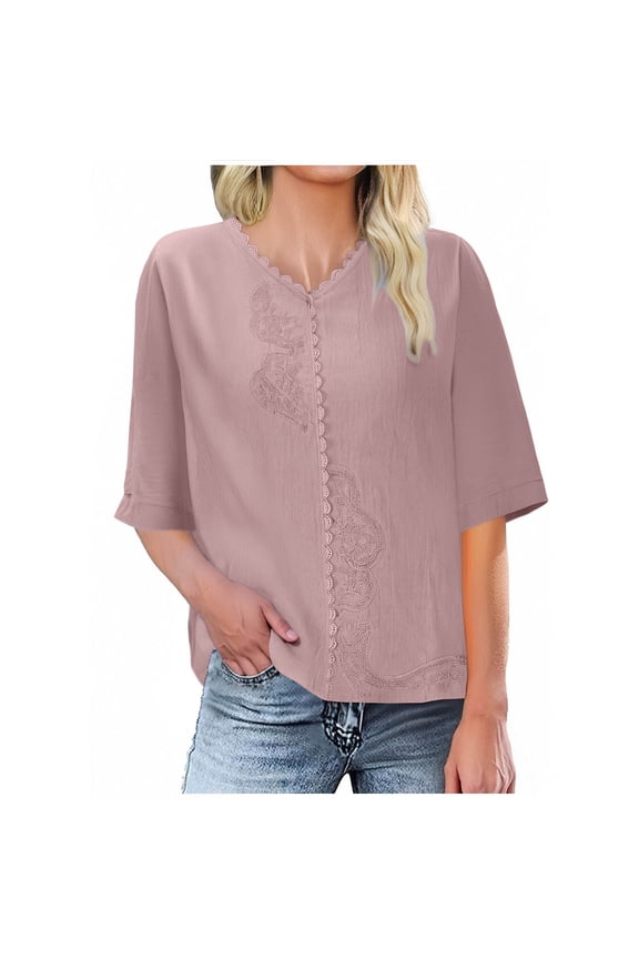 Plus Size Tops for Women Cotton Linen Short Sleeve Ruffled V-Neck T Shirts Solid Color Summer Casual Shirt