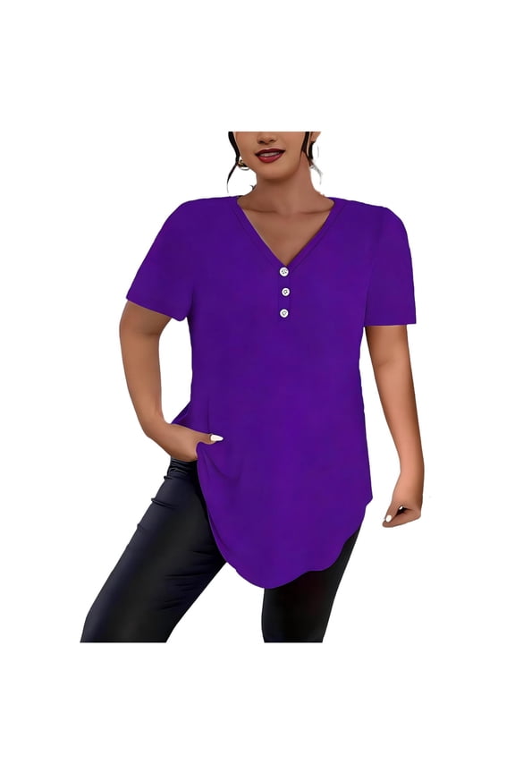 Plus Size Tops for Women Short Sleeve V-Neck Buttons T Shirts Solid Color Spring Summer Casual Loose Blouses
