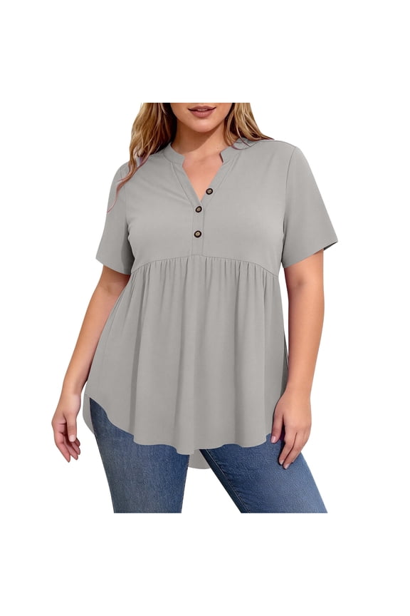 Plus Size Tops for Women Summer V-neck Short Sleeved Button-Up Shirts Solid Color Casual Loose Pleated Hem Blouses