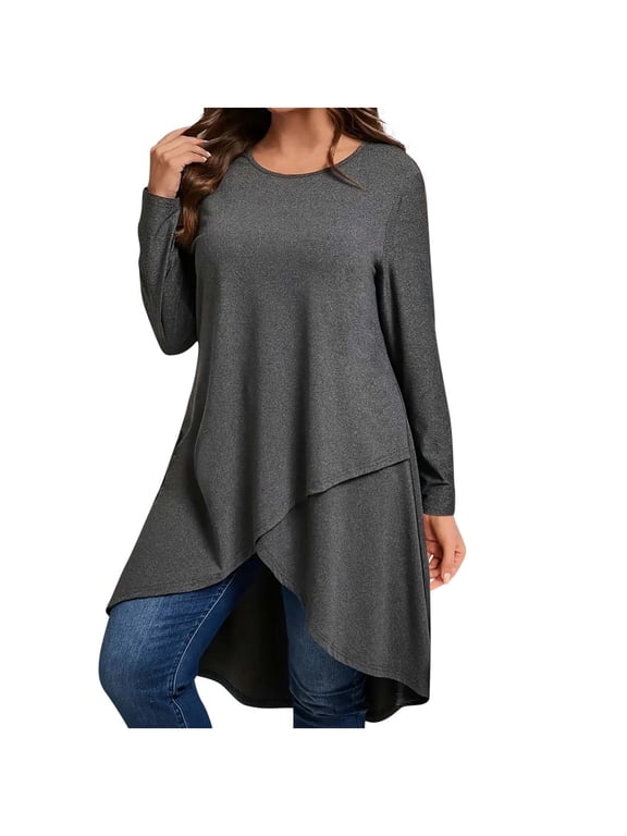 Plus Size Tunic Tops for Women Round Neck Long Sleeve Pullover Women's Solid Color Asymmetric Hem Blouse