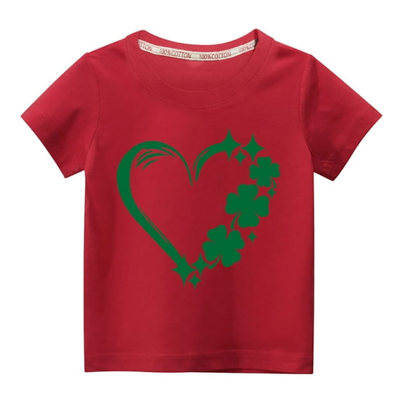 MeetoTime St. Patrick's Day Heart Printed Casual Short-sleeved Tops for Boys and Girls Kids Crew-neck Shirts Summer Clothes