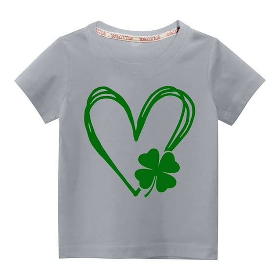 MeetoTime St. Patrick's Day Heart Printed Casual Short-sleeved Tops for Boys and Girls Kids Crew-neck Shirts