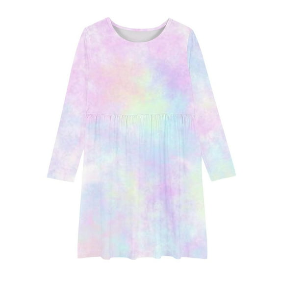 MeetoTime Toddler Girls Clothes 4-14 Years Stretchy Solid Color Round Neck Tie-dye Printed Long Sleeve Dresses for Girl