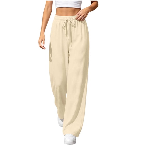 MeetoTime Women’s Casual Wide Leg Pants Solid-Color Knitted Ribbed Trousers Elastic Low Rise Drawstring Sweatpants