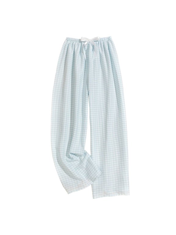 Women's Checkered Printed Pants Elastic Waist Wide Leg Pants Spring Fall Drooping Drawstring Flowy Trousers