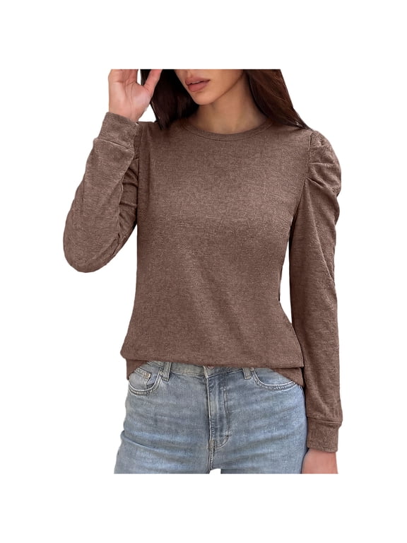 Women's Crew Neck Shirts Pleated Puff Shoulder Pullover Casual Comfy Long Sleeve Tees with Ribbed Cuffs Hem