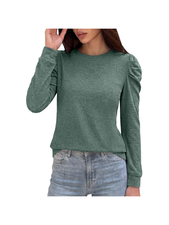Women's Crew Neck Shirts Pleated Puff Shoulder Pullover Casual Comfy Long Sleeve Tees with Ribbed Cuffs Hem