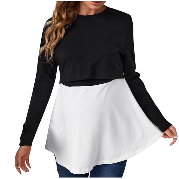MeetoTime Women's Long Sleeved Maternity Blouses Loose Patchwork Round Neck Breastfeeding Top