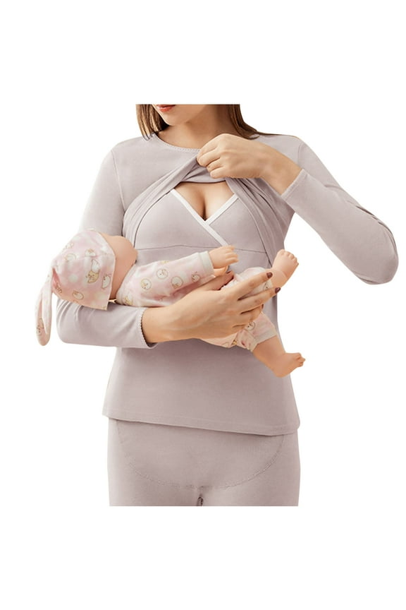 Women's Maternity Shirts Long Sleeve Round Neck Solid Color Breastfeeding Top Thermal Underwear