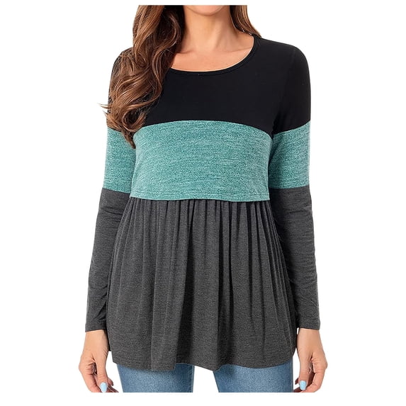 MeetoTime Women's Maternity Shirts Solid Color Patchwork Long Sleeve Round Neck Breastfeeding Top Pregnancy Clothes