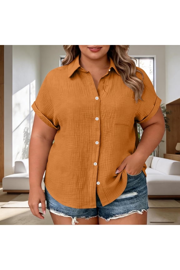 Women's Plus Size Short Sleeve Button Down Shirt Solid Color Casual Loose Lapel Oversized Blouses