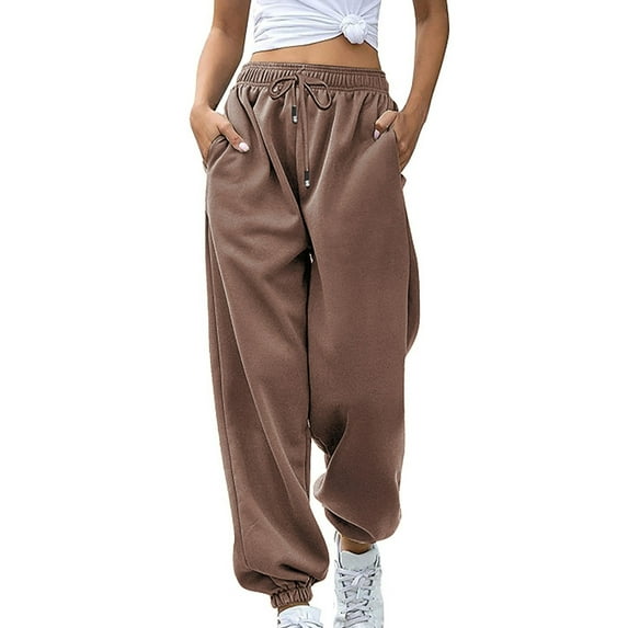 MeetoTime Womens Elastic High Waist Sweatpants Baggy Pockets Drawstring Solid Color Casual Sweat Pants Loose Workout Joggers