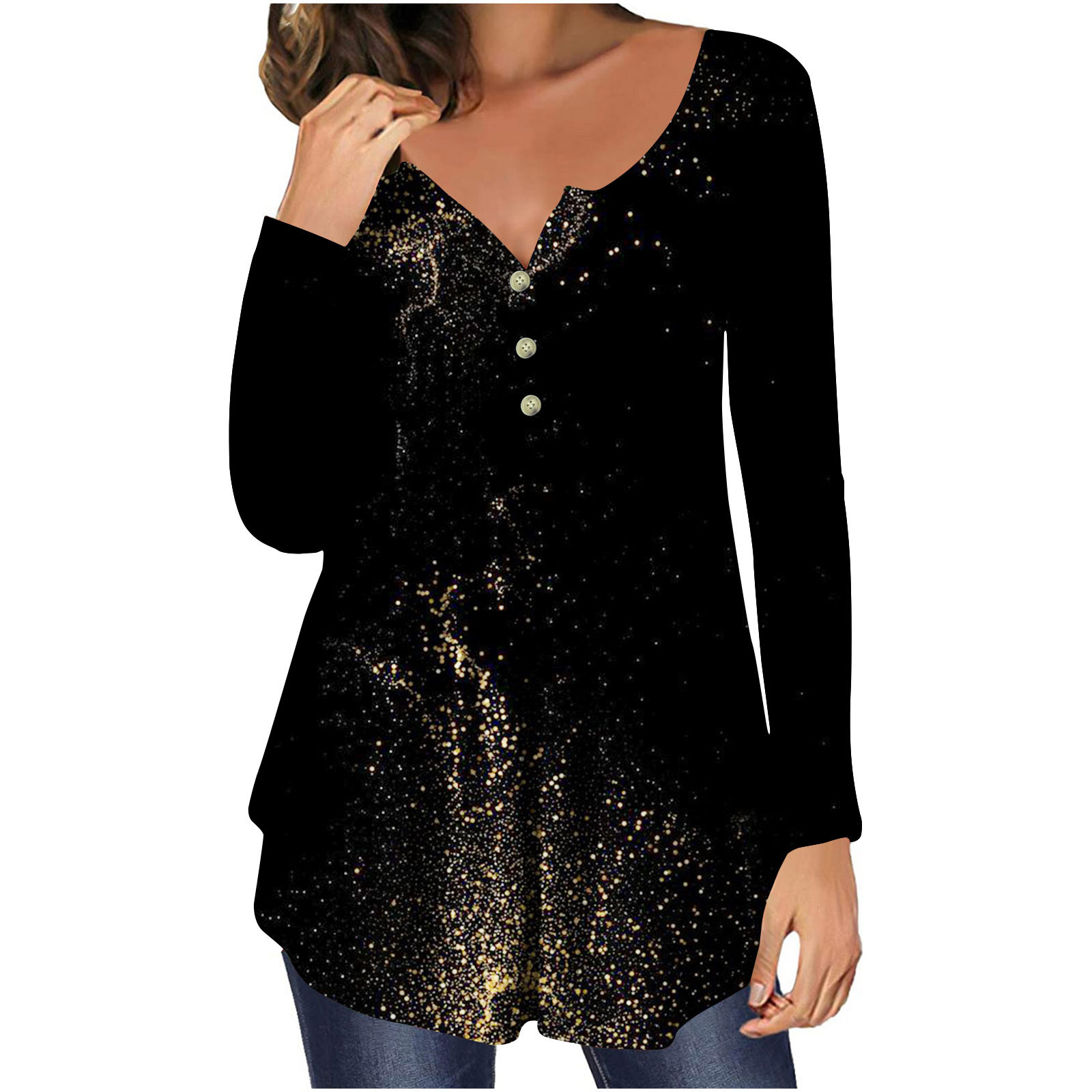 Girdtyd Women's Plus Size Button-Up Tunic Top - Floral Print, Pleated Front, Long Sleeve Henley Style 2 thumbnail image