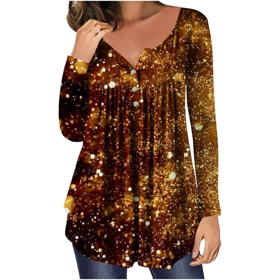 MeetoTime Womens Long Sleeve Blouses Casual Fashion Plus Size Printed Button Tunics V-Neck Pleated Top to Wear with Leggings