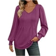 thumbnail image 1 of MeetoTime Womens Long Sleeve Pleated Tops Casual Loose V-neck Solid-color T-shirt, 1 of 6