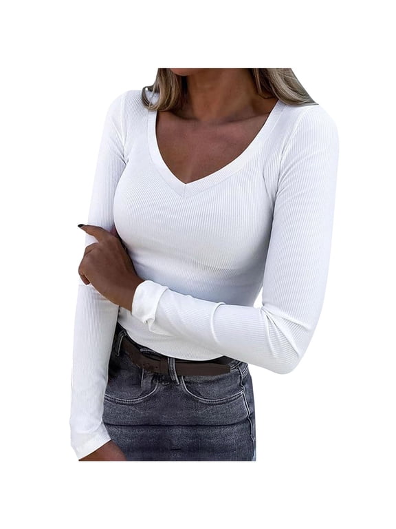 Womens Long Sleeve Tops Soft Ribbed Knit Pullover Casual V Neck Basic Tee Layering Undershirts