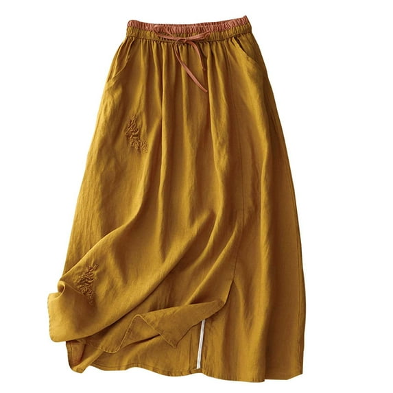 MeetoTime Womens Midi Skirts Lace-up Waist Summer Skirts Cotton Linen Embroidery Skirts with Pockets