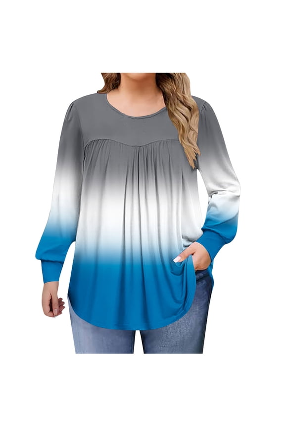 Womens Plus Size Gradient T-shirt Casual Loose Round Neck Pleated Long Sleeve Blouse Top